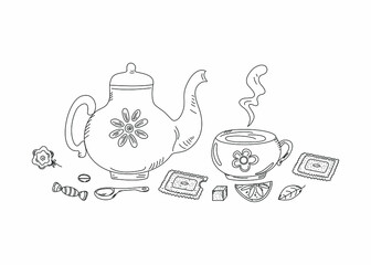 Set of vector hand drawn icons. Tea time in doodle style. Teapot, cup, spoon, sweets.