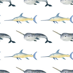 Watercolor seamless pattern with narwhal