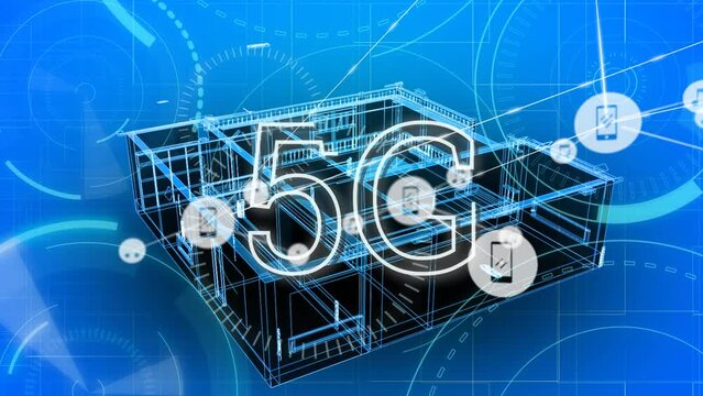 Animation of network of connections over 5g text and digital house model on blue background
