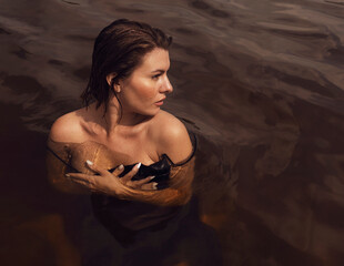 A young wet woman in a black dress swims in the river. Portrait of a woman in the water. brown tint
