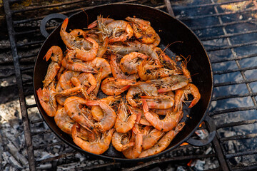crispy fresh shrimp cooked on a frying pan in the wild. Rest in nature with fresh food
