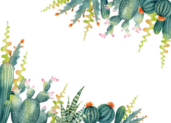 Watercolor set of corners of cactus and succulent with pink flower. Hand painted houseplant illustration. Mexican greenery frame for card decor. Summer floral composition. © LuckPicture