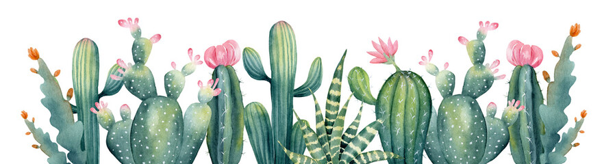 Watercolor summer border of cactus and succulent with pink flower. Hand painted illustration of houseplant. Horizontal greenery frame for home decor.