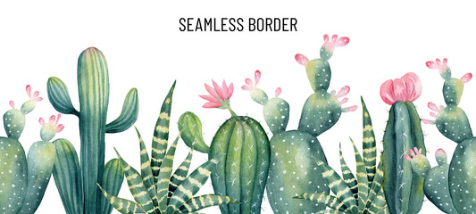 Watercolor seamless border of cactus and succulent with pink flower. Hand painted illustration of houseplant. Repeated horizontal pattern. Greenery frame for home decor. © LuckPicture