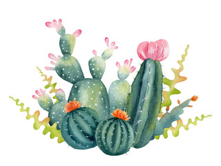 Watercolor arrangement of cactuses and succulents. Illustration of houseplant. Mexican flowers composition.