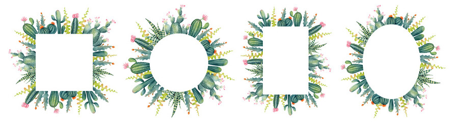Watercolor frames set of cactus and succulent with pink flower. Hand painted houseplant illustration. Mexican greenery wreath for home decor. Summer floral compositions. © LuckPicture