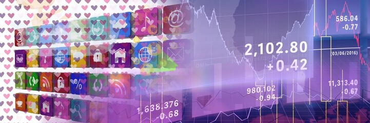 Pink heart icons, digital icons and stock market data processing against white background