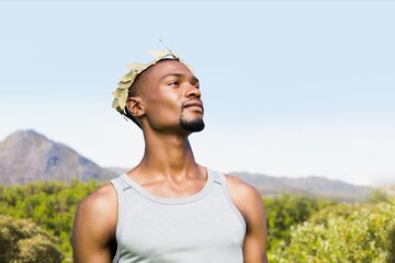 Composite image of african american man wearing a tiara against landscape with mountains