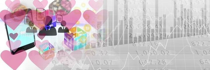 Pink heart icons, digital icons and statistical data processing against white background