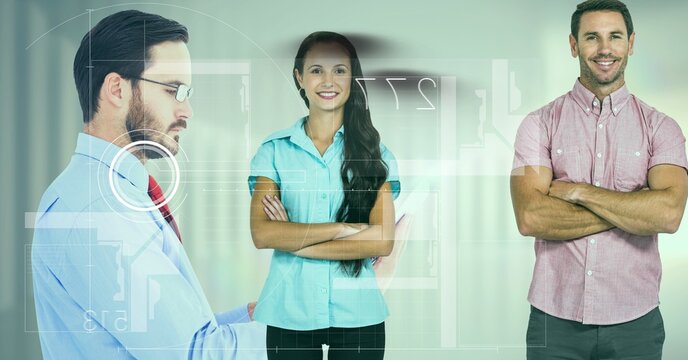 Digital interface with data processing over caucasian couple against caucasian businessman - Powered by Adobe