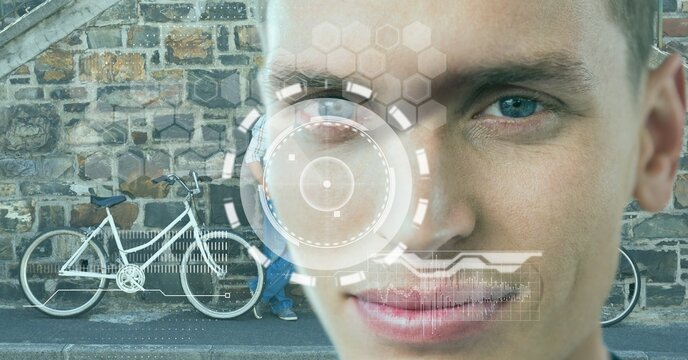 Digital interface with data processing over portrait of caucasian man against bicycle on the street