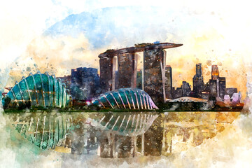 Singapore watercolor illustration. Handdrawn art. - obrazy, fototapety, plakaty