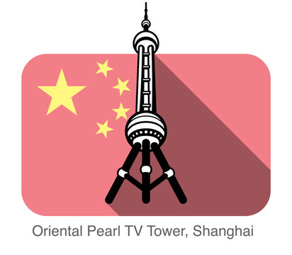 Oriental Pearl TV Tower, Shanghai, landmark flat icon design, background is Chinese national flag