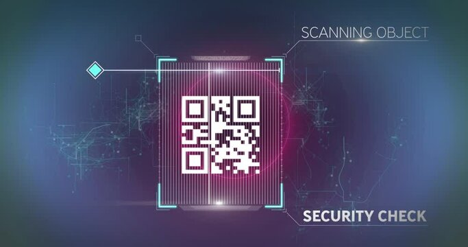 Animation of neon circles over qr code on violet background