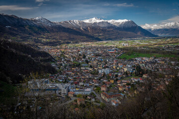 Giubiasco town from castle in Bellinzona town in spring fresh morning