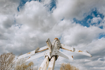 Monument, memorial to the MiG-19 aircraft in Ukraine, in the city of Verkhnedneprovsk.