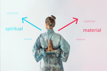 A girl in a kimano and a choice between the spiritual and the material. Soul energy, natural mental...