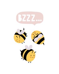 cartoon bee, hand drawing lettering. flat style, colorful vector illuatration for kids. baby design for cards, poster decoration, t-shirt print