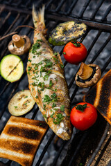 Freshly cooked fish with vegetables and bread in nature. A successful fishing in nature with a grilled fish.