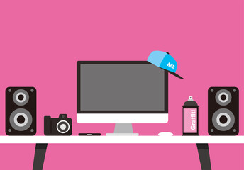 Working place, desk with computer and other things, vector illustration