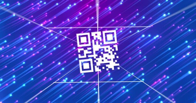 Animation of qr code over moving blue and pink lights