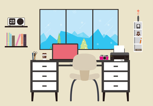 Desk with computer and other things, vector illustration