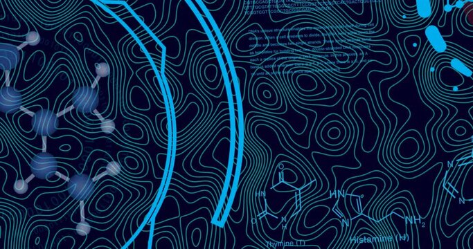 Animation of data processing over black background with isohypses