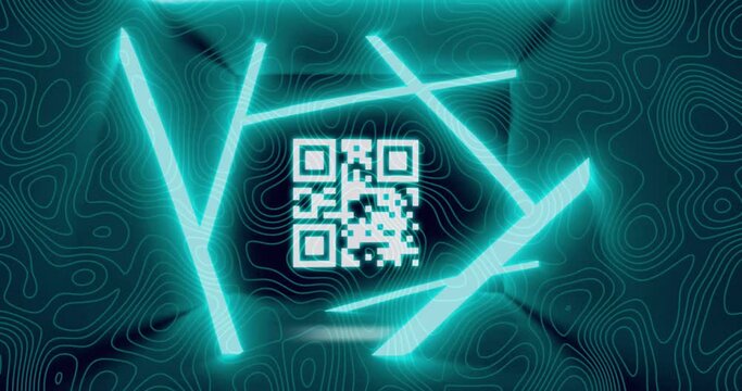 Animation of gr code and neon lines over black background with isohypses