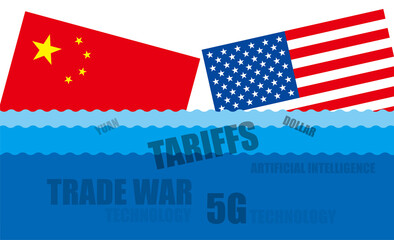 Trade war of China and United States, Flag sink in the sea, Vector illustration