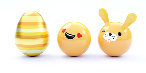 Happy Easter Background with Golden Egg, Emoji and Yellow Easter Bunny Isolated on a White Backgrund. 3D Illustration.