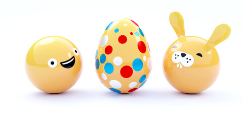 Happy Easter Background with Golden Egg, Emoji and Yellow Easter Bunny Isolated on a White Backgrund. 3D Illustration.