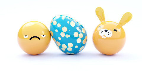 Happy Easter Background with Golden Egg, Emoji and Yellow Easter Bunny Isolated on a White Backgrund. 3D Illustration.