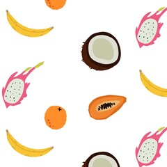 Tropical fruit pattern. Coconut, banana, orange, pitaya. fruits and vegetables
