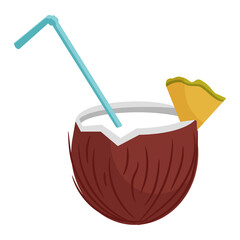 Coconut cocktail with a piece of pineapple and a straw. Vector cartoon illustration isolated on a white background.
