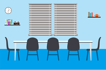 Big meeting room with big table, chairs, vector illustration