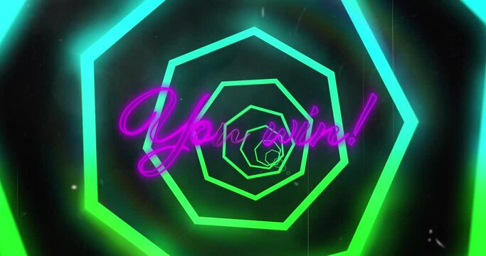 Animation of you win and neon hexagons on black background