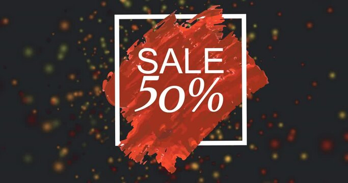 Animation of sale 50 percent over black background with dots