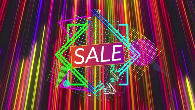 Animation of sale and neon shapes on black background with colorful lines moving fast