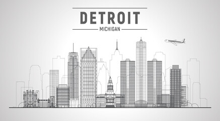 Naklejka premium Detroit, Michigan (USA) city lines skyline. Business travel and tourism concept with modern buildings. Image for presentation, banner, website.
