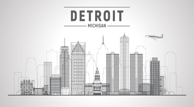 Detroit, Michigan (USA) city lines skyline. Business travel and tourism concept with modern buildings. Image for presentation, banner, website.
