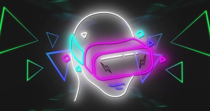 Animation of neon triangles and head model in vr headset on black background