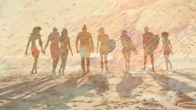 Animation of world map over back view of diverse friends with surfboards walking on beach