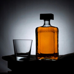 Empty glass and bottle of whiskey on black background and backlight