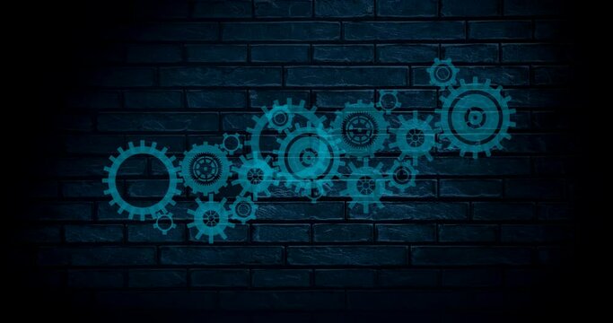Animation of blue cogs moving on navy brick background
