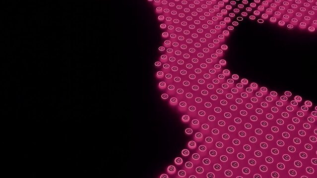 Rotating spot of dots on black background. Deign. 3D colored spot of dots moves in black space. 3D spot with dots rotates in space