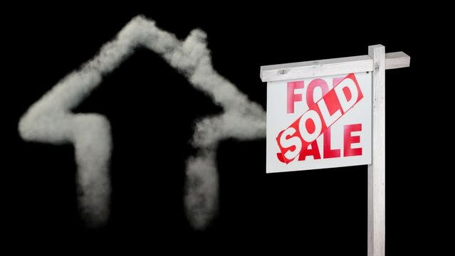 Animation of sold text over house for sale sign and house shape in smoke on black background