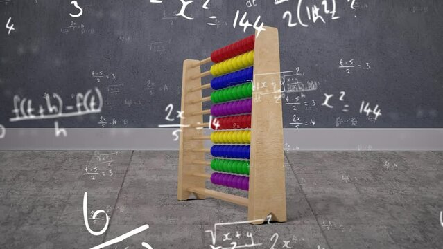 Animation of handwritten mathematical equations moving over abacus on grey background