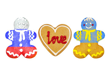 gingerbread in the form of little men with Ukrainian and Russian flags with heart isolated on white background, concept of friendship and love between peoples and countries