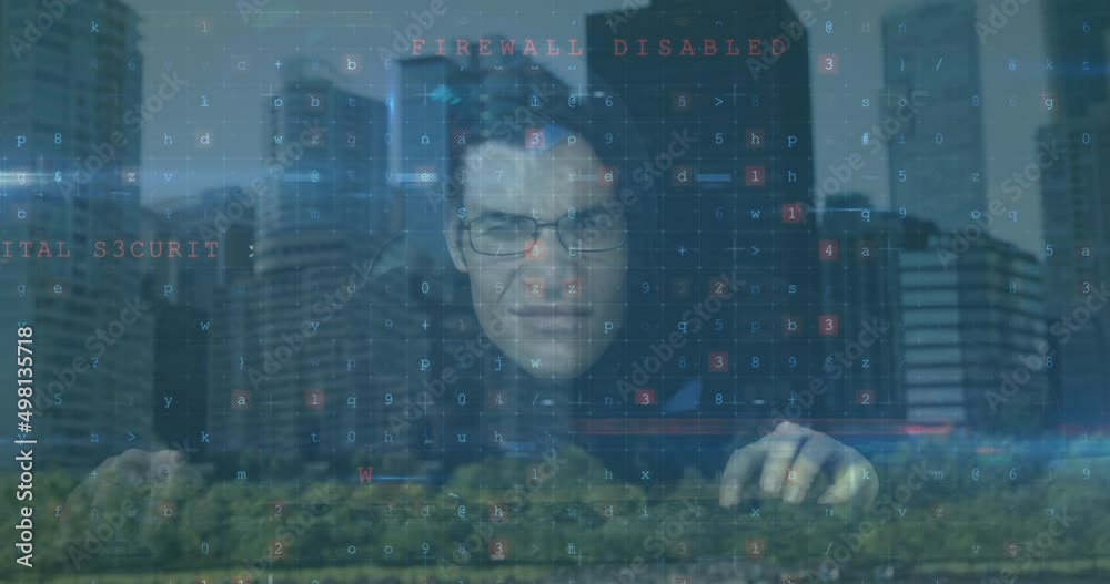 Poster animation of data processing over caucasian hacker