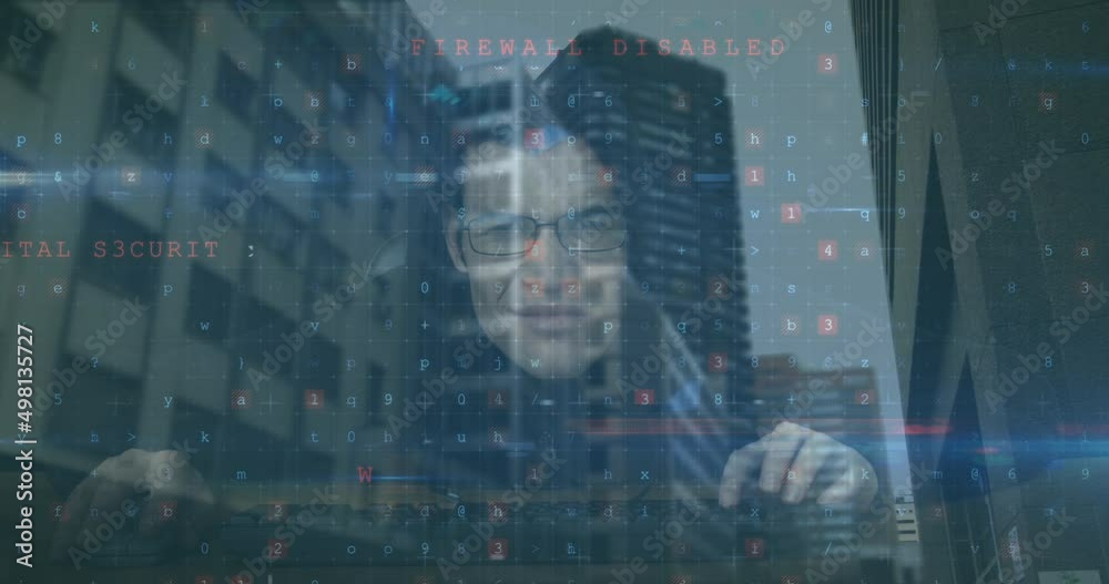 Poster animation of data processing over caucasian hacker